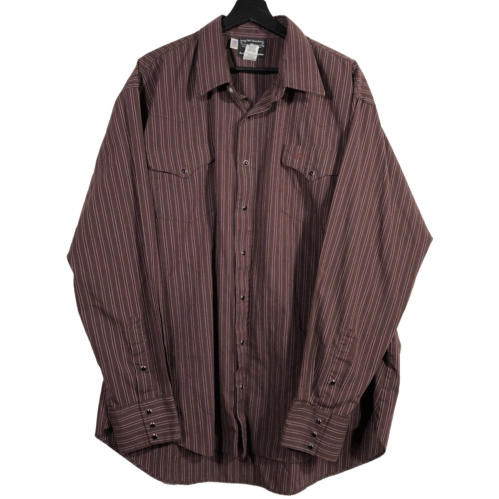 Vintage Western Pearl Snap Shirt Dark Red Black Stripe Flying R USA 18 1/2 37